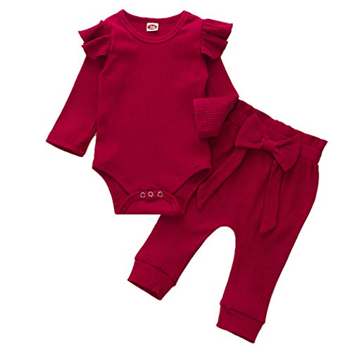 Geagodelia Babykleidung Set Baby Mädchen Kleidung Outfit Langarm Body Strampler + Hose Neugeborene Weiche Einfarbige Babyset T-45461 (Rot, 6-12 Monate) von Geagodelia