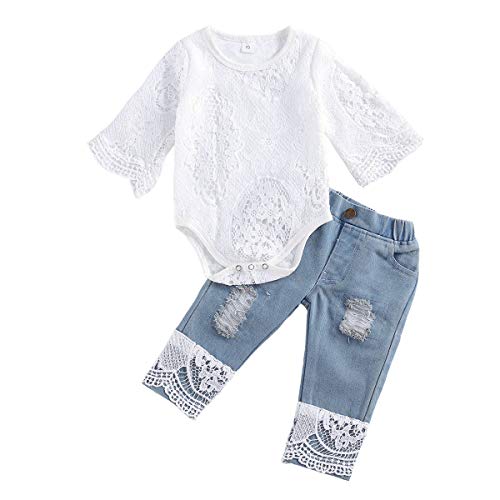 Geagodelia Babykleidung Set Baby Mädchen Kleidung Outfit Langarm Spitze Body Strampler + Jeans Hose Neugeborene Weiche Babyset T-52488 (Weiß & Blau 240, 12-18 Monate) von Geagodelia