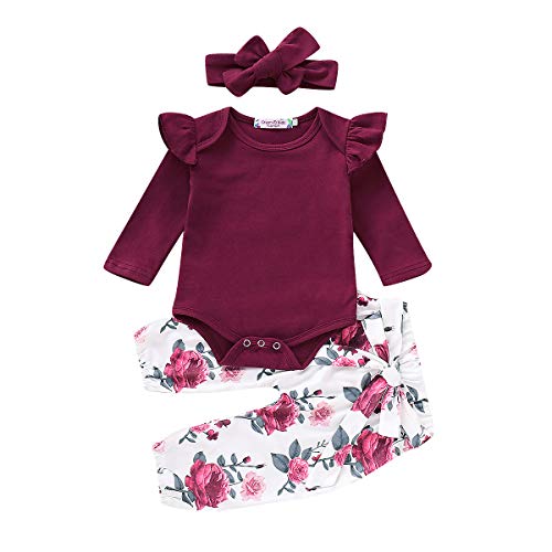 Geagodelia Babykleidung Set Baby Mädchen Langarm Body Strampler + Blumen Hose + Stirnband Neugeborene Kleinkinder Warme Babyset Kleidung T-28852 (0-6 Monate, Weinrot 056) von Geagodelia