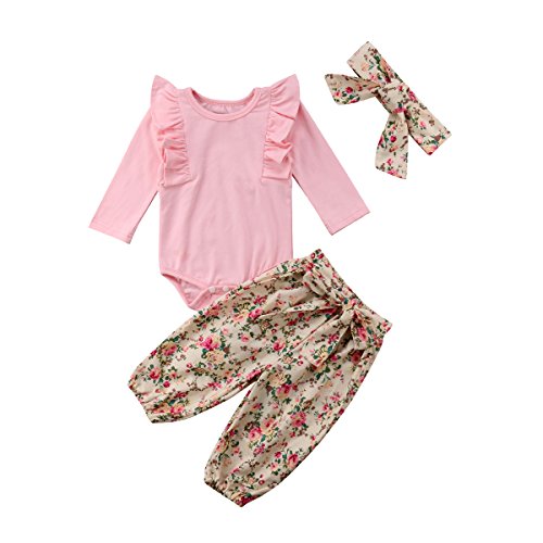 Geagodelia Babykleidung Set Baby Mädchen Langarm Body Strampler + Blumen Hose + Stirnband Neugeborene Kleinkinder Warme Babyset Kleidung T-28852 (12-18 Monate, Pink 984) von Geagodelia