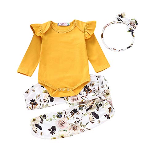 Geagodelia Babykleidung Set Baby Mädchen Langarm Body Strampler + Blumen Hose + Stirnband Neugeborene Kleinkinder Warme Babyset Kleidung T-28852 (6-9 Monate, Gelb 056) von Geagodelia