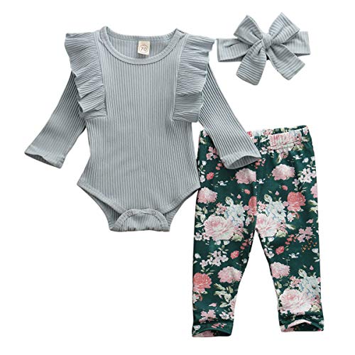 Geagodelia Babykleidung Set Baby Mädchen Langarm Body Strampler + Blumen Hose + Stirnband Neugeborene Kleinkinder Warme Babyset Kleidung T-38207 (0-6 Monate, Blau) von Geagodelia