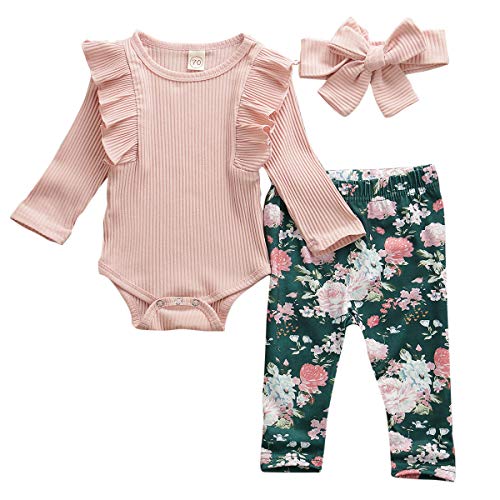 Geagodelia Babykleidung Set Baby Mädchen Langarm Body Strampler + Blumen Hose + Stirnband Neugeborene Kleinkinder Warme Babyset Kleidung T-38207 (0-6 Monate, Pink) von Geagodelia