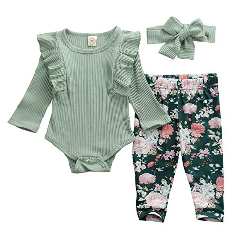 Geagodelia Babykleidung Set Baby Mädchen Langarm Body Strampler + Blumen Hose + Stirnband Neugeborene Kleinkinder Warme Babyset Kleidung T-38207 (12-18 Monate, Grün) von Geagodelia