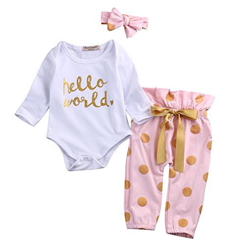 Geagodelia Babykleidung Set Baby Mädchen Langarm Body Strampler + Hose + Stirnband Mütze Kleinkinder Neugeborene Warme Babyset Kleidung Daddy's Prinzessin (0-6 Monate, Hello Wolrd - Pink 699) von Geagodelia