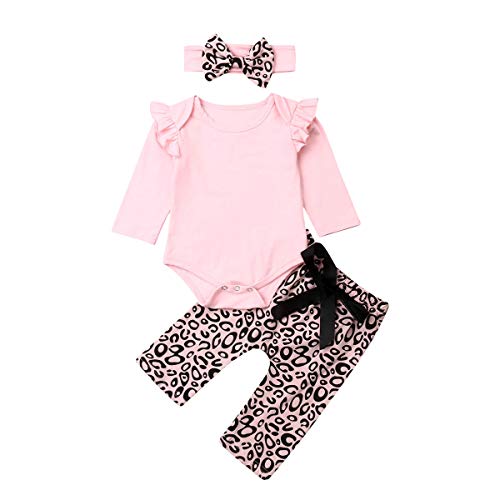 Geagodelia Babykleidung Set Baby Mädchen Langarm Body Strampler + Leopard Hose + Stirnband Neugeborene Kleinkinder Warme Babyset Kleidung (0-3 Monate, Pink) von Geagodelia