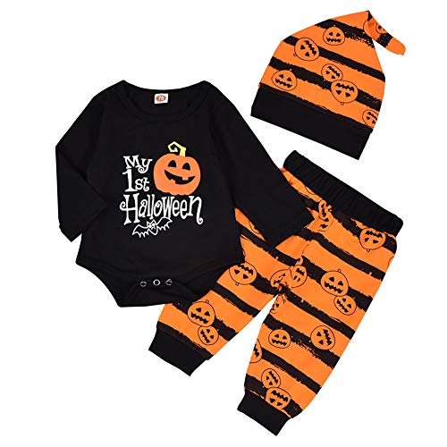 Geagodelia Babykleidung Set Halloween Baby Jungen Kleidung Outfit Langarm Body Strampler + Hose Neugeborene Weiche Babyset My First Halloween (0-3 Monate, Schwarz & Orange 083) von Geagodelia