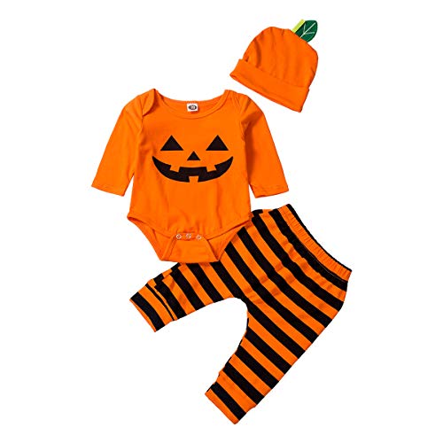 Geagodelia Babykleidung Set Halloween Baby Jungen Kleidung Outfit Langarm Body Strampler + Hose Neugeborene Weiche Babyset My First Halloween (3-6 Monate, Orange & Streifen 195) von Geagodelia