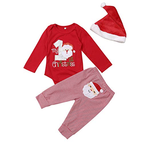 Geagodelia Babykleidung Set Weihnachten Baby Kleidung Unisex Langarm Body Strampler + Hose Kleinkinder Neugeborene Warme Babyset My First Christmas (0-3 Monate, Rot & Streifen 520) von Geagodelia