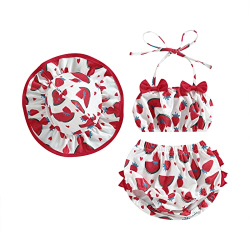 Geagodelia Badeanzug für Neugeborene mit Rüschen Flamingo, bedruckt, Hosenträger, Schleife mit Korb, Bademode für Mädchen mit Hut, Sommerkleidung-Set, B Erdbeere, 0- 6 Monate von Geagodelia