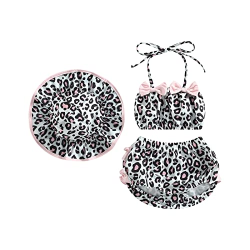 Geagodelia Badeanzug für Neugeborene mit Rüschen Flamingo, bedruckt, Hosenträger, Schleife mit Korb, Bademode für Mädchen mit Hut, Sommerkleidung-Set, B Leopard, 6-12 Monate von Geagodelia