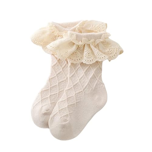 Geagodelia Baumwollsocken für Neugeborene, niedliche Socken mit Rüschen, Spitze, Taufsocken, Prinzessinnen-Stil, lässig, beige, 0 Monate von Geagodelia