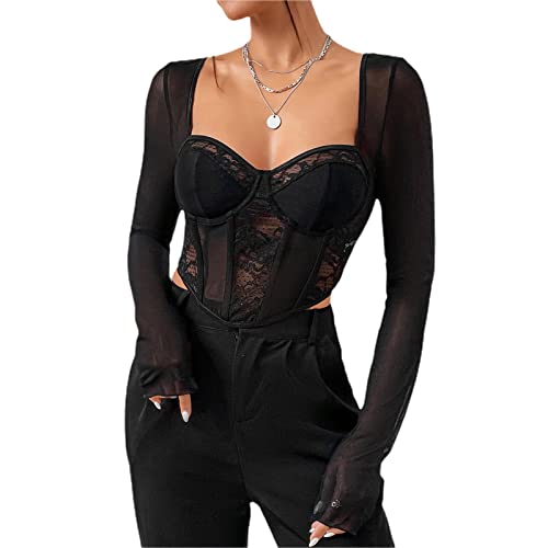 Geagodelia Crop-Top Spitze Damen Langarm Sexy Chic Top Bustier Kurz Slim Trend, Schwarz , M von Geagodelia