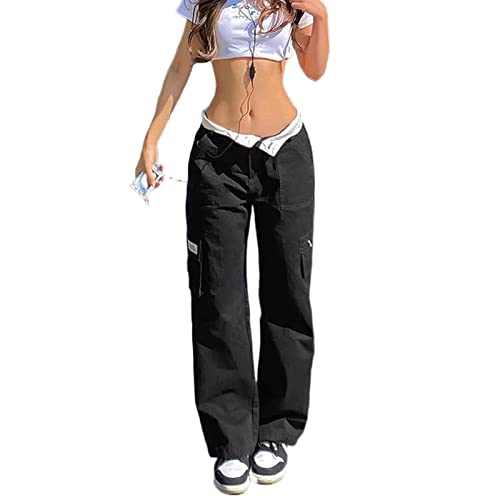 Geagodelia Damen Baggy Cargohose Weite Palazzo Hose Cargo Parachute Pants Y2k Fashion Aesthetic Freizeithose Fallschirm Hose Track Pants (A - Schwarz, L) von Geagodelia