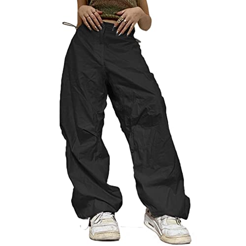 Geagodelia Damen Baggy Cargohose Weite Palazzo Hose Cargo Parachute Pants Y2k Fashion Aesthetic Freizeithose Fallschirm Hose Track Pants (C - Schwarz, L) von Geagodelia