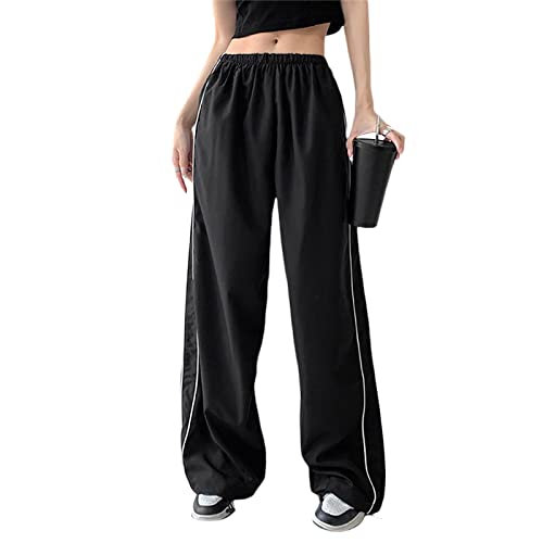 Geagodelia Damen Baggy Cargohose Weite Palazzo Hose Cargo Parachute Pants Y2k Fashion Aesthetic Freizeithose Fallschirm Hose Track Pants (D - Schwarz, S) von Geagodelia