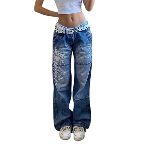 Geagodelia Damen Baggy Jeans Boyfriend Jeans Jeanshose Denim Jeggings Hose Mom Jeans Y2K Aesthetic Clothes Skims Dupes (A - Blau Low Waist, L) von Geagodelia