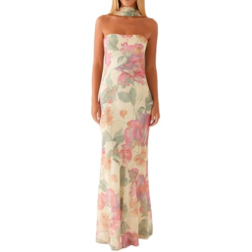 Geagodelia Damen Bandeau Sommerkleid Lang Sommer Elegante Off Shoulder Kleider Maxikleider mit Schal Luftige Leichte Boho Kleid Blumenkleid Strandkleid Vintage Floral Dress (Blumen - Bunt, L) von Geagodelia