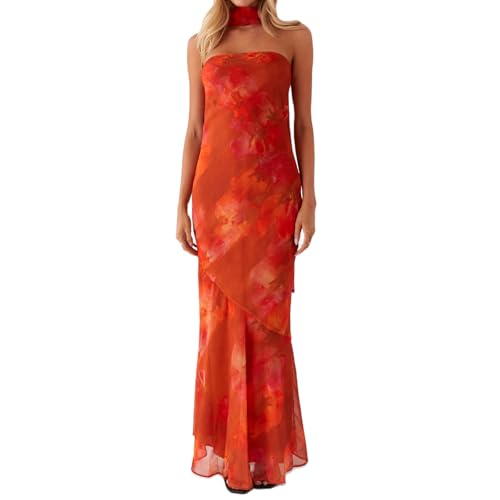 Geagodelia Damen Bandeau Sommerkleid Lang Sommer Elegante Off Shoulder Kleider Maxikleider mit Schal Luftige Leichte Boho Kleid Blumenkleid Strandkleid Vintage Floral Dress (Blumen - Rot 02, L) von Geagodelia