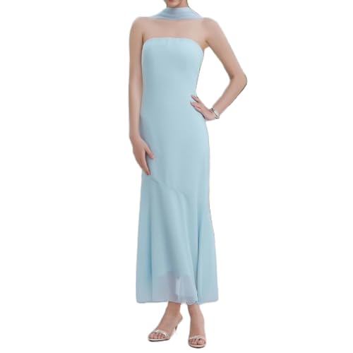 Geagodelia Damen Bandeau Sommerkleid Lang Sommer Elegante Off Shoulder Kleider Maxikleider mit Schal Luftige Leichte Boho Kleid Blumenkleid Strandkleid Vintage Floral Dress (Einfarbig - Hellblau, S) von Geagodelia