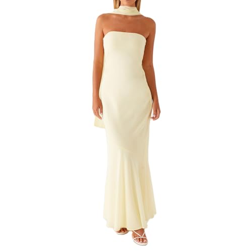 Geagodelia Damen Bandeau Sommerkleid Lang Sommer Elegante Off Shoulder Kleider Maxikleider mit Schal Luftige Leichte Boho Kleid Blumenkleid Strandkleid Vintage Floral Dress (Einfarbig - Hellgelb, L) von Geagodelia