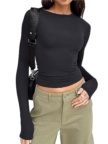 Geagodelia Damen Basic Langarmshirt Eng Rundhalsausschnitt Langarm Oberteil Teenager Mädchen Y2K Crop Top (A 01- Schwarz, L) von Geagodelia