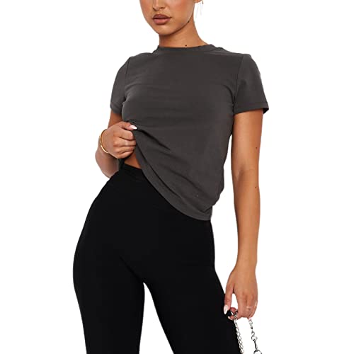 Geagodelia Damen Baumwolle T-Shirt Basic Kurzarm Oberteil Y2k Aesthetic Clothes Sommer Fashion Top Outfit Skims Dupes (A - Dunkelgrau, L) von Geagodelia