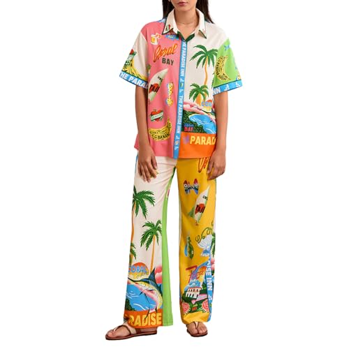Geagodelia Damen Boho Zweiteiler Sommer Strand Urlaub Outfit Kleidung Elegant Hosenanzug 2 Teiler Set Button Down Shirt Top + Weite Hose Loungewear Y2k Clothes Anzug (Bunt, L) von Geagodelia