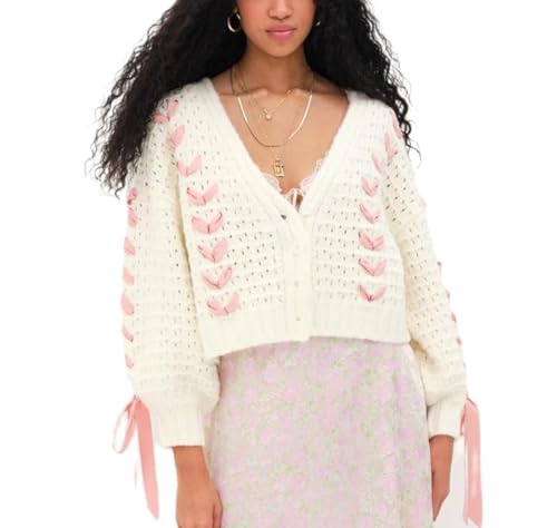 Geagodelia Damen Cardigan V-Ausschnitt Frauen Bolero Elegant Festlich Langarm Retro Low Geschnittene Langarmanbaus Strickjacke Kurze Offene Mit Knöpfe (Weiß, S) von Geagodelia