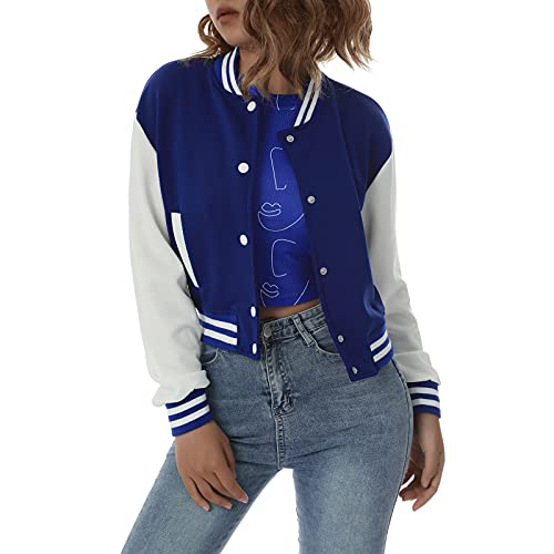 Geagodelia Damen College Jacke Sweatjacke Baseball Jacke Vintage Kurze Übergangsjacke Sweatshirt mit Knopf Y2K Fashion Top Frühling Herbst (Blau 02, L) von Geagodelia