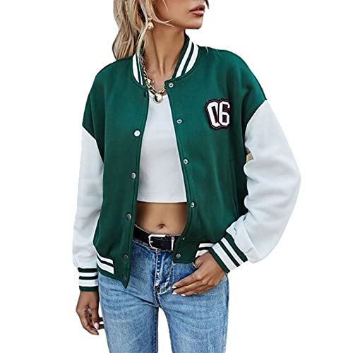 Geagodelia Damen College Jacke Sweatjacke Baseball Jacke Vintage Kurze Übergangsjacke Sweatshirt mit Knopf Y2K Fashion Top Frühling Herbst (Grün, M) von Geagodelia