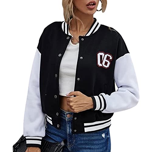 Geagodelia Damen College Jacke Sweatjacke Baseball Jacke Vintage Kurze Übergangsjacke Sweatshirt mit Knopf Y2K Fashion Top Frühling Herbst (Schwarz, L) von Geagodelia