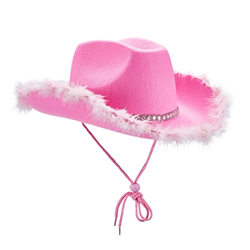 Geagodelia Damen Cowboyhut mit Flauschig und Glitzer Dekoration Cowgirl Hut Mütze Kopfbedeckung für Party Halloween Karneval Kostüm Kostümzubehör (A - Pink) von Geagodelia