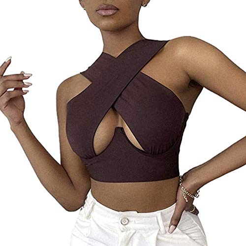 Geagodelia Damen Crisscross Crop Top Y2k Fashion Sexy Corset Top Cross Wrap Tiktok Neckholder Top Aesthetic Sport Sommer (Braun, L) von Geagodelia