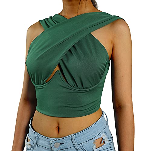 Geagodelia Damen Crisscross Crop Top Y2k Fashion Sexy Corset Top Cross Wrap Tiktok Neckholder Top Aesthetic Sport Sommer (Grün, S) von Geagodelia