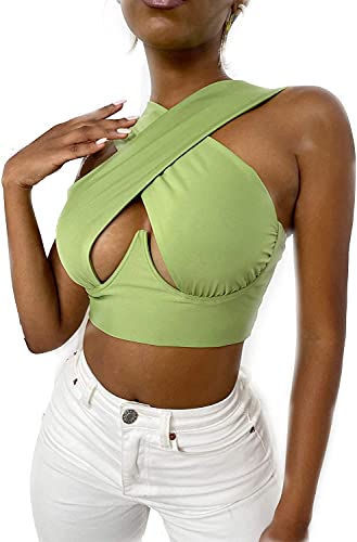 Geagodelia Damen Crisscross Crop Top Y2k Fashion Sexy Corset Top Cross Wrap Tiktok Neckholder Top Aesthetic Sport Sommer (Hellgrün, M) von Geagodelia