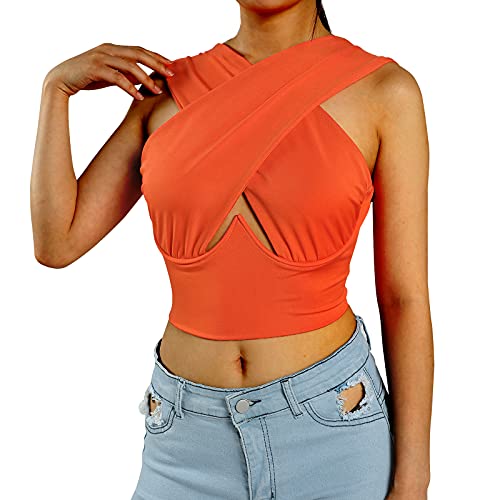 Geagodelia Damen Crisscross Crop Top Y2k Fashion Sexy Corset Top Cross Wrap Tiktok Neckholder Top Aesthetic Sport Sommer (Orange, L) von Geagodelia