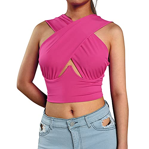 Geagodelia Damen Crisscross Crop Top Y2k Fashion Sexy Corset Top Cross Wrap Tiktok Neckholder Top Aesthetic Sport Sommer (Rosa, L) von Geagodelia