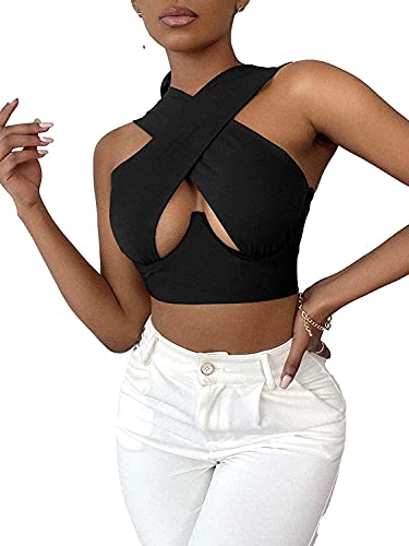 Geagodelia Damen Crisscross Crop Top Y2k Fashion Sexy Corset Top Cross Wrap Tiktok Neckholder Top Aesthetic Sport Sommer (Schwarz, L) von Geagodelia