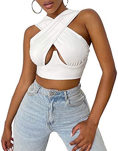 Geagodelia Damen Crisscross Crop Top Y2k Fashion Sexy Corset Top Cross Wrap Tiktok Neckholder Top Aesthetic Sport Sommer (Weiß, L) von Geagodelia