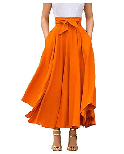 Geagodelia Damen Faltenrock Elegant Vintage Retro Swing Maxi Langer A-line Pleated Rockabilly Rock für Damen Sommer(Orange, M) von Geagodelia