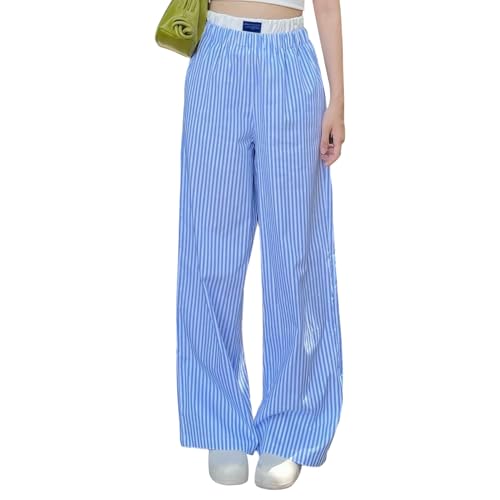 Geagodelia Damen Gestreifte Hose Sommer Weites Bein Leicht und Luftig Sommerhose Lockere Bequeme High Waist Freizeithose mit Taschen Casual Lange Pyjama Hose (Blau Weiß, L) von Geagodelia