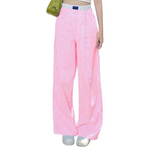 Geagodelia Damen Gestreifte Hose Sommer Weites Bein Leicht und Luftig Sommerhose Lockere Bequeme High Waist Freizeithose mit Taschen Casual Lange Pyjama Hose (Rosa Weiß, S) von Geagodelia