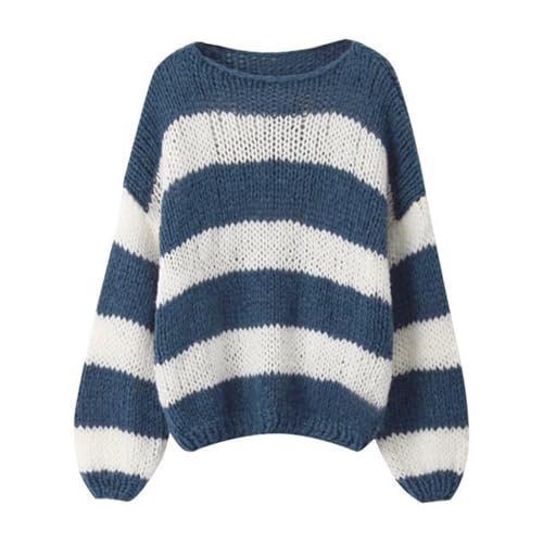 Geagodelia Damen Gestreifter Pullover Oversize Warmer Strickpullover Pulli Frauen Elegant Langarm Rundhals Winterpullover Damenpullover Oberteil Top Herbst Winter (Blau & Weiß, XL) von Geagodelia