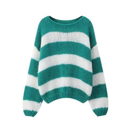 Geagodelia Damen Gestreifter Pullover Oversize Warmer Strickpullover Pulli Frauen Elegant Langarm Rundhals Winterpullover Damenpullover Oberteil Top Herbst Winter (Grün & Weiß, M) von Geagodelia
