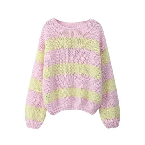 Geagodelia Damen Gestreifter Pullover Oversize Warmer Strickpullover Pulli Frauen Elegant Langarm Rundhals Winterpullover Damenpullover Oberteil Top Herbst Winter (Pink & Gelb, S) von Geagodelia