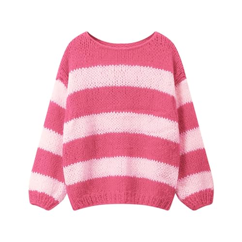 Geagodelia Damen Gestreifter Pullover Oversize Warmer Strickpullover Pulli Frauen Elegant Langarm Rundhals Winterpullover Damenpullover Oberteil Top Herbst Winter (Rosa, M) von Geagodelia