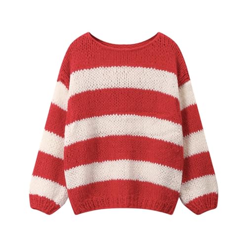 Geagodelia Damen Gestreifter Pullover Oversize Warmer Strickpullover Pulli Frauen Elegant Langarm Rundhals Winterpullover Damenpullover Oberteil Top Herbst Winter (Rot & Weiß, XL) von Geagodelia