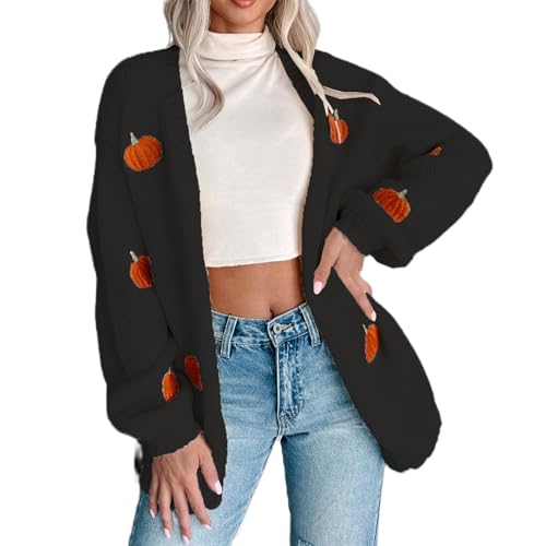 Geagodelia Damen Halloween Kürbis Strickjacke Lang Strick Langarm Cardigan Pullover Elegante Strickpullover Strickweste Longpullover Knitted Top Pulli Y2k Sweater Herbst Winter (Schwarz, L) von Geagodelia