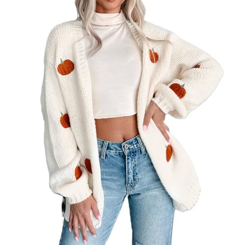 Geagodelia Damen Halloween Kürbis Strickjacke Lang Strick Langarm Cardigan Pullover Elegante Strickpullover Strickweste Longpullover Knitted Top Pulli Y2k Sweater Herbst Winter (Weiß, M) von Geagodelia